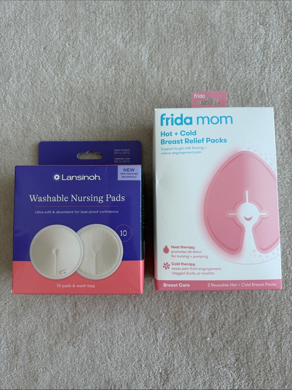 NEW Lansinoh washable nursing pads (10) + FridaMom hot/cold breast relief packs